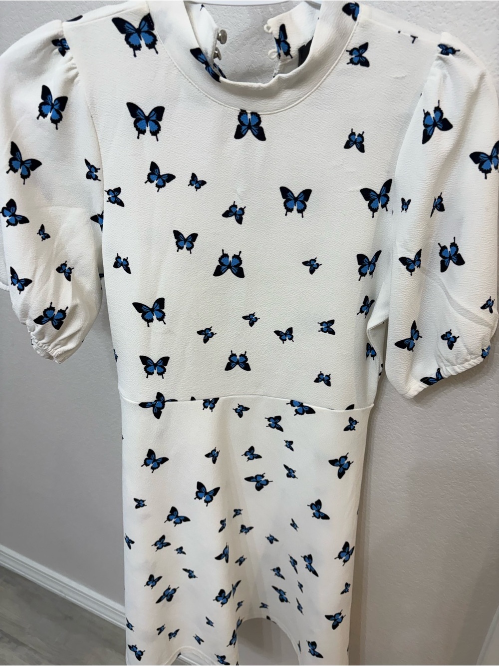 White Midi Dress with Blue Butterfly Print